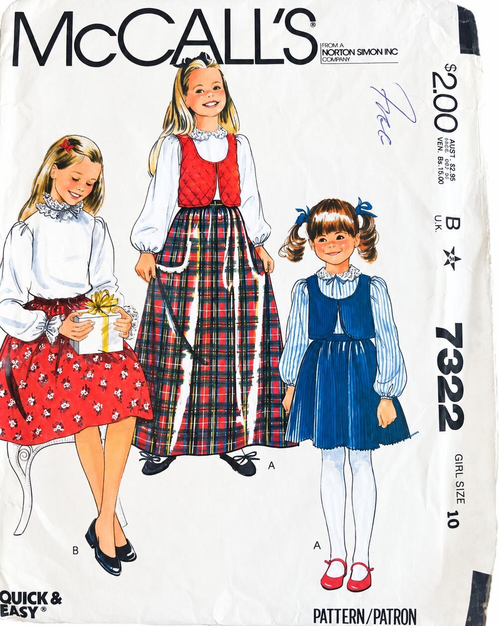 Vintage McCall's Pattern 7322 Girls Shirt Hook & Eye Vest Skirt Prairie Sz 12
